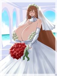 1girls beach blush bouquet breasts_bigger_than_head bride brown_hair cleavage closed_eyes detailed_background dress female flowers huge_breasts itini-sanshi open_mouth rozen_maiden smile solo suiseiseki very_long_hair wedding wedding_dress wedding_veil