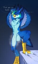 anthro avian avius_volante balls big_balls big_penis bird blue_eyes bodily_fluids breath dripping feet genital_fluids genitals hi_res huge_balls huge_cock hyper male musk musk_clouds panting penis precum precum_drip shiromell solo talons teasing teasing_viewer toes torn_sheets