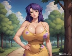 ai_generated animated bangs blush bouncing_breasts breasts curvaceous curvy curvy_female curvy_figure dress female female_focus female_only green_eyes hand_on_hip heels hips huge_breasts japanese_female kangoku_senkan lieri_bishop lilith-soft lipstick mature_female outdoors purple_hair rieri_bishop slim_waist swaying_hips tagme taimanin_(series) video voluptuous voluptuous_female walking yellow_dress