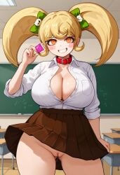 1girls ai_generated artist_request cleavage collar condom_wrapper danganronpa danganronpa_2:_goodbye_despair exposed_pussy saionji_hiyoko school_uniform shortstack twintails unbuttoned_shirt