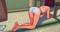 1girls ass_focus bent_over brown_hair feet hasegawa_rika on_fours panties pixel_art siesta_team soles solo solo_female solo_focus tan_body tanline tanned tanned_female tanned_skin the_countryboy underwear