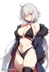 ahoge bare_shoulders bikini black_bikini blush breasts cleavage coat cowboy_shot fate/grand_order fate_(series) female fur_trim gloves grey_hair groin hair_between_eyes highleg_bikini hip_focus jeanne_d&#039;arc_alter_(avenger)_(fate) jeanne_d&#039;arc_alter_(fate) large_breasts legs long_hair long_sleeves looking_to_the_side lowball01 medium_breasts navel o-ring o-ring_bikini o-ring_bottom o-ring_top sideboob simple_background solo standing stomach swimsuit thick_thighs thighhighs thighs underwear white_background wide_hips yellow_eyes