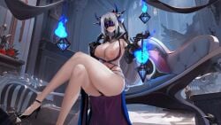 1girls aeons_echo blindfold breasts facing_viewer grey_hair heels huge_breasts long_hair shorter_than_30_seconds sitting solo tagme video