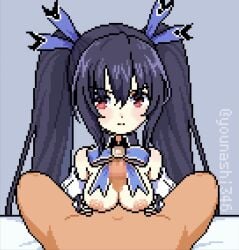 1boy 1girls animated bare_shoulders black_hair blush breasts censored clothed cum_on_breasts ejaculation gif hands_on_breasts light_skin looking_at_viewer neptunia_(series) nipples noire open_mouth paizuri penis pixel_art pov red_eyes twintails younashi_346