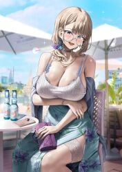 absurdres aqua_skirt arm_under_breasts bag blurry blurry_background blush bra_visible_through_clothes breasts cellphone cleavage commentary_request earrings female fingernails floral_print fuyuyama_asako glasses hair_ornament hair_scrunchie handbag highres huge_breasts jewelry kuse_(0201) light_brown_hair looking_at_viewer nail_polish original outdoors phone ramune round_eyewear scrunchie sitting skirt smile solo spaghetti_strap