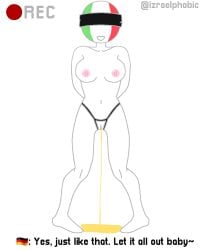 being_recorded blindfold countryhumans countryhumans_girl crotchless_panties crotchless_thong germany_(countryhumans) italy_(countryhumans) omorashi peeing