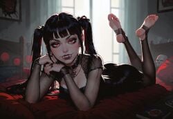 ai_generated feet feet_up foot_fetish goth laying_on_bed laying_on_stomach red_eyes stockings twintails vampire