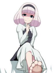 aldnoah.zero bangs barefoot blue_eyes blunt_bangs bob_cut censored dress feet female finger_to_chin footjob hairband lemrina_vers_envers long_sleeves looking_at_viewer penis puffy_long_sleeves puffy_sleeves purple_hair short_hair sitting smile solo_focus takeda_yukimura toes