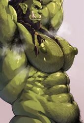 ai_generated armpit_hair armpits bara beard braided_hair chest_hair hairy large_pectorals muscular_male musk_clouds musky_armpit orc pubic_hair solo solo_male teeth thrall world_of_warcraft