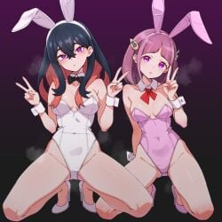 2girls :o animal_ear_hairband animal_ears bare_legs bare_shoulders black_background black_bow black_bowtie black_hair blunt_bangs bow bowtie breasts brown_hair bunny_ears bunnysuit carmine_(pokemon) cleavage collar collarbone colored_inner_hair creatures_(company) crossed_bangs crotch_seam detached_collar double_v fake_animal_ears game_freak gradient_background hair_between_eyes hair_ornament hairband hairclip high_heels highleg highleg_leotard highres kamidan lacey_(pokemon) leotard long_hair looking_at_viewer medium_breasts mole mole_under_eye multicolored_hair multiple_girls neck_ribbon nintendo pink_footwear pink_hair pink_hairband pink_leotard playboy_bunny pokemon pokemon_sv purple_background purple_eyes rabbit_ear_hairband rabbit_ears red_ribbon ribbon shiny_skin shoes short_hair squatting steaming_body strapless strapless_leotard thighs two-tone_hair v white_collar white_footwear white_hairband white_leotard wide_hips wrist_cuffs