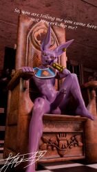 3d_(artwork) anthro anthro_only balls beerus castle chair digital_media_(artwork) domestic_cat dragon_ball dragon_ball_super ear_piercing ear_ring erection felid feline felis furniture genitals glans hairless hi_res itmy09 looking_at_viewer male male_focus male_only mammal nude penis piercing purple_body purple_glans purple_penis ring_piercing solo text throne worship