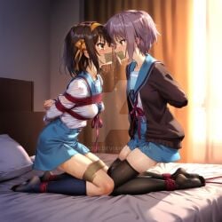 2girls ai_generated arms_tied_behind_back bondage bound_ankles bound_legs brown_eyes brown_hair gag gagged looking_at_another multiple_subs nagato_yuki on_bed purple_hair suzumiya_haruhi suzumiya_haruhi_no_yuuutsu tape_gag