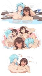 2girls absurd_res ahoge akufu_san amber_(genshin_impact) arm_around_partner bath bathing bathing_together big_breasts blue_hair blush blushing_profusely breast_squish breasts brown_hair closed_eyes color comic completely_nude daydream dazed dialogue drooling embarrassed english_text eula_(genshin_impact) eyebrows_visible_through_hair eyes_visible_through_hair fantasizing flustered full-face_blush genshin_impact hair_over_one_eye half-closed_eyes hand_on_another's_arm hand_on_another's_chest hand_on_another's_shoulder hand_on_another's_thigh heart highres holding_partner i_love_you imagining imminent_oral imminent_sex large_breasts licking licking_partner light_blue_hair lighting long_hair looking_at_another looking_at_partner looking_away looking_down looking_pleasured nervous one_eye_obstructed outdoors partially_submerged pinned_down purple_eyes romantic romantic_couple shoulder_blush smile sound_effects spread_legs teasing thigh_grab thought_bubble white_background wholesome worried yellow_eyes yuri