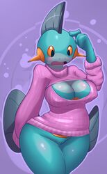 2014 anthro anthrofied blush bottomless breasts cleavage clothed clothes elpatrixf female half-dressed large_breasts marshtomp nintendo open-chest_sweater open_mouth pokemon pokemorph pussy solo standing sweater wide_hips