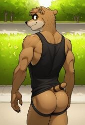 ai_generated anthro anthro_male ass back biceps blush brown_hair cartoon_network furry gay jockstrap jockstrap_only looking_at_viewer looking_back male male_only muscular muscular_male raccoon regular_show rigby_(regular_show) smile toned_body toned_male twall97