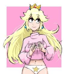 1girls black_eyes blonde_hair breasts crown earrings gingrjoke large_breasts long_hair mario_(series) midriff navel nintendo panties pink_shirt princess_peach shirt white_panties