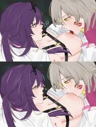 2girls 2koma absurdres bite_mark bite_mark_on_breast breast_sucking breasts closed_mouth clothes_pull comic commentary eyewear_on_head grey_hair heart highres honkai:_star_rail honkai_(series) kafka_(honkai:_star_rail) large_breasts licking licking_nipple lipstick_mark lipstick_mark_on_face long_hair looking_at_another multiple_girls nipple_stimulation nipples pari ponytail purple_eyes purple_hair shirt shirt_pull smile spoken_heart stelle_(honkai:_star_rail) sunglasses symbol-only_commentary tongue tongue_out trailblazer_(honkai:_star_rail) white_shirt yellow_eyes yuri