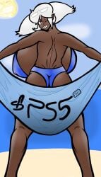 /ctt/ 1girls beach bikini blue_eyes console-tan dark_skin from_behind gigantic_breasts gijinka glasses_on_head huge_breasts humanization large_breasts looking_back_at_viewer meme_in_the_background playstation playstation_5 ps5-tan ps5_pro-tan sony_interactive_entertainment swimsuit towel traced twintails white_hair wink