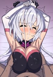 1boy ahoge armpits blush bound bound_wrists breast_grab breasts closed_eyes covered_nipples cum cum_on_body ejaculation elbow_gloves facial female gloves grabbing_another's_breast grey_hair groping hair_between_eyes highres inai_uchi large_breasts long_hair lying on_back paizuri penis pov senki_zesshou_symphogear straddling_paizuri sweat symphogear_pendant twintails white_gloves yukine_chris