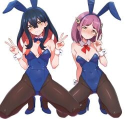 2girls animal_ears black_hair black_pantyhose blue_bow blue_bowtie blue_footwear blue_leotard bow bowtie breasts brown_hair bunny_ears bunnysuit carmine_(pokemon) colored_inner_hair creatures_(company) curvy detached_collar double_bun embarrassed fake_animal_ears full_body game_freak hair_between_eyes hair_bun hair_ornament hairclip high_heels highleg highleg_leotard highres kamidan lacey_(pokemon) leotard matching_outfits multicolored_hair multiple_girls nintendo pantyhose playboy_bunny pokemon pokemon_sv purple_eyes purple_hair rabbit_ears red_bow red_bowtie shiny_clothes shiny_skin short_hair simple_background small_breasts squatting strap_slip v white_background wide_hips wrist_cuffs yellow_eyes