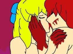 blonde_hair blood bloody_bunny bloody_bunny_(character) bloody_bunny_(series) crossover crossover_ship crossover_shipping lesbian_kiss nude nude_female passion passionate red_hair yo-kai_watch yo-kai_watch_3 yuri yuri yuri_kiss