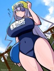 1girls barasuishou blush clouds eyepatch female flower_eyepatch headwear huge_breasts itini-sanshi japanese_text long_hair looking_at_viewer low-angle_view purple_hair rozen_maiden school_swimsuit sky solo swimsuit thighs very_long_hair wet_body wide_hips yellow_eyes