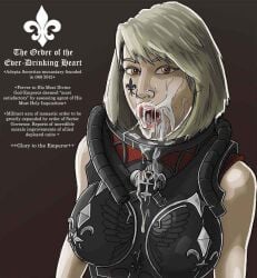 1girls adepta_sororitas cum cum_in_mouth cum_on_face english_text female female_only imperium_of_man looking_at_viewer sfmuser sister_of_battle text warhammer_(franchise) warhammer_40k white_hair