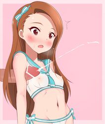 :o armpit_sex artist_request bare_shoulders bikini blush breasts brown_hair censored cum ejaculation erect_nipples female hair_ribbon idolmaster long_hair minase_iori navel nipples open_mouth outercourse penis red_eyes see-through small_breasts