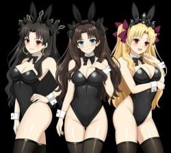 3girls brown_hair bunny_ears bunnysuit cosplay dark_hair ereshkigal_(fate) fate/grand_order fate/stay_night fate_(series) female female_only hfxpins ishtar_(fate) multiple_girls tohsaka_rin yellow_hair