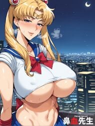 1girls ai_generated big_breasts bishoujo_senshi_sailor_moon blonde_hair blue_eyes clothing female female_only hair_bun hanajisensei large_breasts mature mature_female milf sailor_moon solo tiara underboob usagi_tsukino