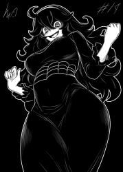 1girls big_breasts black_hair clothed clothing covered_navel dress from_below goth goth_girl hairband hex_maniac long_hair lughost messy_hair monochrome open_mouth pokemon pokemon_xy smile solo solo_female spider_web_print spiral_eyes thick_thighs thighs tight_clothing tongue wide_eyed