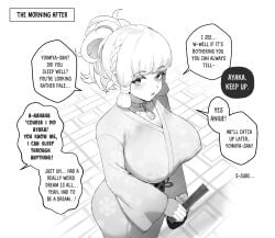 1girls black_and_white breasts choker dialogue english_text erect_nipples erect_nipples_under_clothes female_only genshin_impact greyscale kamisato_ayaka kimono large_breasts monochrome solo solo_female text thiccwithaq