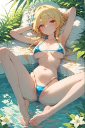 absurd_res ai_generated bikini genshin_impact laying_down lumine_(genshin_impact) medium_breasts micro_bikini ministro navel pointy_chin spread_legs water