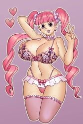 1girls black_eyes bra breasts choker female female_only hair_scrunchie large_breasts lingerie looking_at_viewer microskirt midriff nauth nauth_le_roy navel one_piece panties perona pink_bra pink_hair pink_lingerie pink_panties skirt thighhighs twin_drills white_skirt