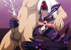 1boy android bare_shoulders blue_eyes breasts censored cleavage cum dark_skin elbow_gloves female gloves handjob highres lime_(purple_haze) long_hair mutual_masturbation nipples penis smile straight t-elos testicles thick_thighs white_hair xenosaga xenosaga_episode_iii