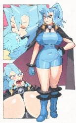 1girls 2024 annoyed belly_button belly_button_visible_through_clothing big_breasts blue_clothing blue_eyes blue_hair blush blush_stickers blushing boots breasts_out busty cape clair_(pokemon) closed_eyes clothed clothed_female clothing curvaceous curvy earrings eyelashes female forehead_kiss front_view fully_clothed gloves gym_leader hair hand_on_hip handwear high_heel_boots high_heels hoop_earrings horsea hourglass_figure huge_breasts human inkuusan kissing large_breasts leotard light-skinned_female light_skin lipstick long_hair looking_at_viewer navel navel_visible_through_clothes nipple_bulge open_mouth partially_clothed pokemon pokemon_(species) pokemon_gsc puffy_nipples red_lipstick sharp_teeth skin_tight smile smiling standing stomach teeth thick_thighs thighs tongue uvula voluptuous wide_hips