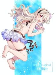 1girl :d barefoot bikini black_hairband blonde_hair corrin_(fire_emblem) corrin_(fire_emblem)_(female) corrin_(novice_vacationer)_(fire_emblem)_(female) corrin_(summer)_(fire_emblem)_(female) feet fire_emblem fire_emblem_fates fire_emblem_heroes flower flower_necklace full_body hairband high_res hiyori_(rindou66) jewelry lei long_hair looking_at_viewer looking_back necklace nintendo official_alternate_costume open_mouth pointy_ears red_eyes slit_pupils smile soles swimsuit teeth thigh_strap upper_teeth_only