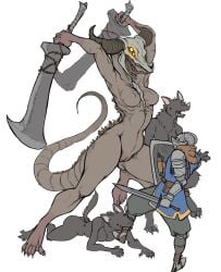 anthro armor bite bovid breasts brown_body brown_fur canid canine capra_demon caprine color_edit colored dark_souls demon derp_eyes digitigrade female fight fromsoftware fur genitals glowing glowing_eyes goat grey_body grey_fur group guoh holding_object holding_weapon horn human jumping knight lying machete male mammal melee_weapon multi_eye nipple_outline nude on_front open_mouth pussy shield simple_background standing sword third-party_edit tongue unknown_artist warrior weapon white_background yellow_eyes