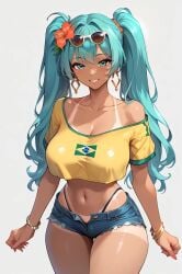 ai_generated athletic_female bare_legs big_breasts blue_eyes blue_hair brazil brazilian brazilian_female brazilian_flag brazilian_miku earrings flower_in_hair hatsune_miku huge_breasts huge_thighs large_breasts long_hair looking_at_viewer short_shorts smiling solo_female squatting sunglasses sunglasses_on_head sweat sweatdrop t-shirt tan-skinned_female tan_body tanned_female tanned_skin thick_thighs thighs twintails very_long_hair vocaloid voluptuous voluptuous_female xd696969