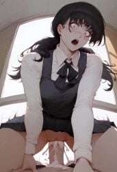 ai_generated blush chainsaw_man civitai cowgirl_position cum cum_in_pussy cum_inside embarrassed huge_cock looking_at_viewer mitaka_asa open_mouth sex surprised thick_thighs