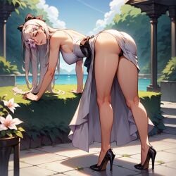 ai_generated ass black_panties drag-on_dragoon_3 drakengard_3 flower flower_in_eye legs long_hair looking_at_viewer seductive seductive_look smile thighs white_dress white_hair zero_(drag-on_dragoon) zero_(drakengard)