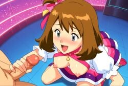 ai_generated blouse bows brown_hair cum cum_in_mouth cum_on_breasts cum_on_face green_eyes handjob haruka_(pokemon) idol may_(pokemon) may_(pokemon_oras) neckline neon_lights nightclub pokemon pokemon_oras pov semen semen_in_mouth semen_on_face sexy sexy_body sexy_cleavage sexy_pose sexy_smile skirt things