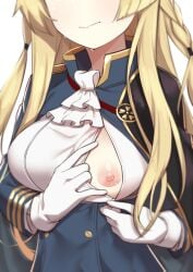 azur_lane blonde_hair eyes_out_of_frame female gloves highres kongou_(azur_lane) large_breasts long_hair morisobo nipples no_bra one_breast_out simple_background solo white_background