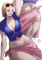 1girls ass big_ass big_breasts blonde_hair blue_eyes breasts british british_female cammy_white cammy_white_(street_fighter_6) capcom cosplay cropped_jacket crossover curvaceous curvy female female_only fighting_game foonie_xd funi_xd hourglass_figure large_ass large_breasts nico_robin nico_robin_(cosplay) one_piece sarong short_hair street_fighter street_fighter_6 sunglasses sunglasses_on_head wide_hips