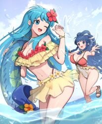 2girls absurd_res big_breasts bikini blue_eyes blue_hair blush bracelet braid casual_one-piece_swimsuit cleavage commentary_request day eirika_(fire_emblem) eirika_(summer)_(fire_emblem) feet fire_emblem fire_emblem:_the_sacred_stones fire_emblem_heroes flower gonzarez hair_flower hair_ornament high_res highleg highleg_bikini highleg_one-piece_bikini innertube jewelry long_hair medium_breasts multiple_girls navel nintendo ocean off-shoulder_bikini off_shoulder official_alternate_costume one-piece_bikini one_eye_closed open_mouth outside pearl_bracelet red_bikini red_flower sandals see-through_clothes see-through_skirt skirt smile sparkle splashing standing standing_on_one_leg swim_ring swimsuit tana_(fire_emblem) tana_(noble_and_nimble)_(fire_emblem) teeth toes tongue twin_braids upper_teeth_only very_long_hair wading water white_one-piece_bikini yellow_bikini yellow_skirt