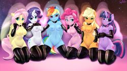 2015 absurdres anthro anthrofied applejack_(mlp) blonde_hair blue_eyes blue_skin breasts collar cutie_mark earth_pony elbow_gloves equine erect_nipples eyeshadow female fluttershy_(mlp) freckles friendship_is_magic furry gloves green_eyes group highres horn horse kneeling long_hair looking_at_viewer makeup mammal mane_six_(mlp) multicolored_hair my_little_pony navel nipples open_mouth orange_skin pegasus pink_hair pink_skin pinkie_pie_(mlp) pony purple_eyes purple_hair purple_skin pussy rainbow_dash_(mlp) rainbow_hair rarity_(mlp) rubber shiny smooth_skin swissleos thighhighs tongue tongue_out twilight_sparkle_(mlp) unicorn wallpaper wings yellow_skin yuri