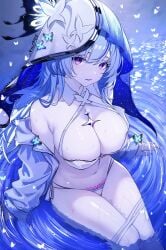 1girls absurdres alternate_costume an1ftt bad_id bad_pixiv_id bare_shoulders bikini blue_hair blue_theme blue_veil breasts cleavage collar colored_eyelashes female female_only from_above highres large_breasts long_hair looking_at_viewer navel off_shoulder parted_lips partially_submerged pubic_tattoo purple_eyes shirt sitting solo stomach swimsuit tattoo the_shorekeeper_(wuthering_waves) two-tone_veil veil white_bikini white_collar white_shirt white_veil wuthering_waves