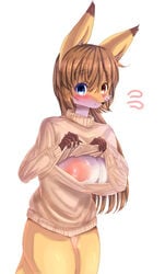 anthro areola big_areola big_breasts blue_eyes blush breasts brown_hair canine female fox hair heterochromia huge_breasts kemono lactation long_hair looking_at_viewer mammal miyanokoko nipples plain_background puffy_nipples pussy pussy_juice red_eyes solo wet_pussy