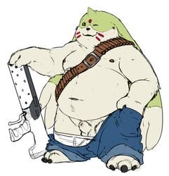 balls bandai bandolier barefoot briefs clothing cute_fangs digimon gargomon gun hand_in_pocket horn jeans kronexfire long_ears looking_at_viewer male male_only mammal moobs navel nipples one_eye_closed overweight pants pants_down ranged_weapon sheath solo standing underwear underwear_down weapon wink