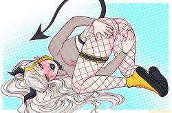 1girls abstract_background after_sex ass bent_over confettibunn cum_in_pussy fishnets kneeling looking_at_viewer small_breasts solo white_hair